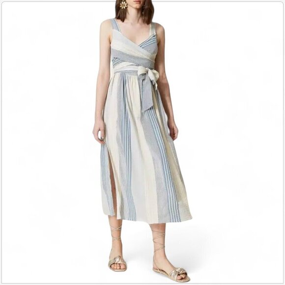 Twinset Milano Striped Long Gauze Dress Ivory Blue Gold Metallic Lurex Summer 42 - Picture 1 of 8